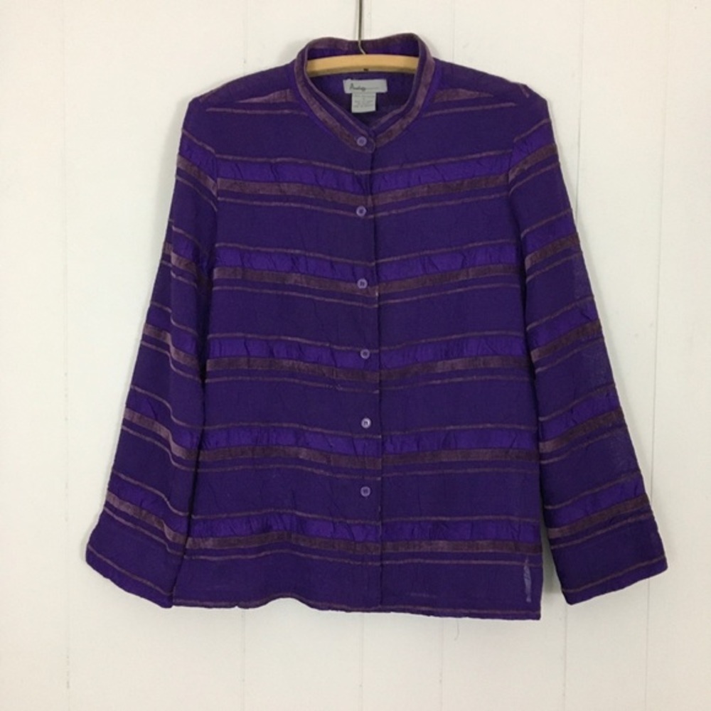 Analogy Royal Purple Shirt Top M Crinkle Velvet Sheer Woman’s Classy Dressy - Picture 7 of 9